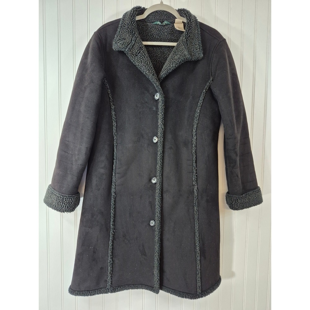 Vintage LL Bean Womens Black Faux Shearling Sherpa Lined Suede Coat Size M Cozy